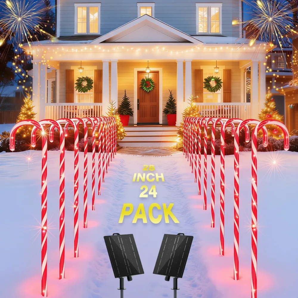 

Solar Candy Cane Pathway Lights 24 Pack 28 LED Outdoor Waterproof Christmas Decorations with Stakes for Garden Yard Walkway