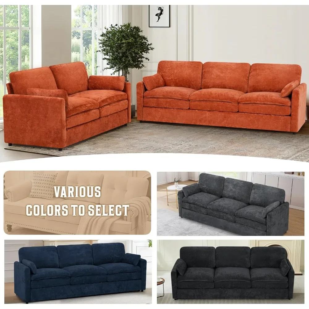 Sofa 3 Dudukan Chenille 89" dengan 2 Bantal, Sofa Berlapis Modern dengan Kursi Lebih Dalam, Sofa Nyaman dengan Bantal Tebal
