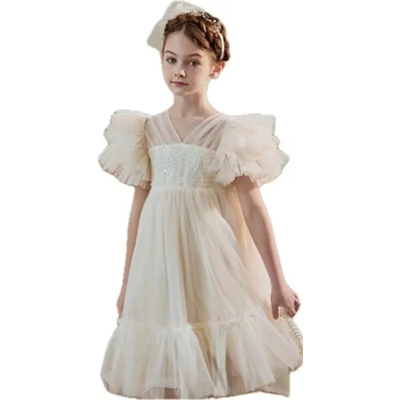 2024 Summer Hot Girls Champagne White Wedding Party Dresses Fashion Mesh Ruffle Sleeve Costume Baby 4 5 7 9 11 prinsessen jurken