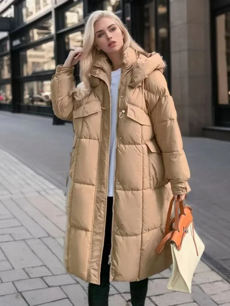 Puffer Parkas de capuz longo feminino, casaco de algodão, jaqueta com zíper, solto, abaixo do joelho, quente, espessamento, preto, branco, novo, inverno, 2022