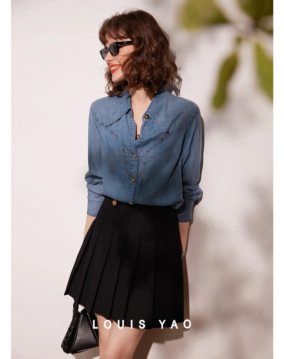 

LOUIS YAO 2024 Spring and Autumn Small Collar Wave Split Denim Shirt Fashion Rivet Decoration Long Sleeve Women's Shirt