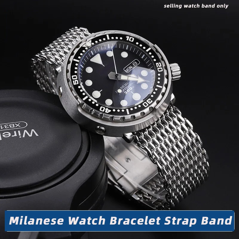 20/22/24mm Steel Dive Shark Mesh for Milanese Watch Bracelet Strap Band Weaving Double Snap Strap  For Breitling Omega Seiko