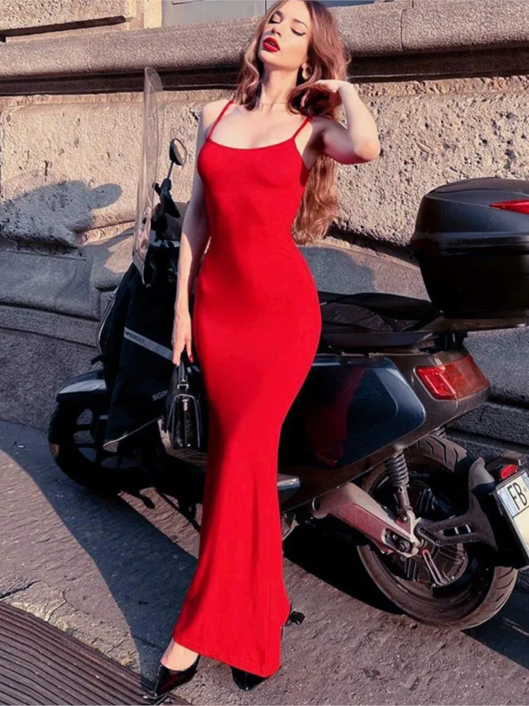 Vestido largo ajustado con tirantes finos para mujer, ropa de calle de moda de verano, Color sólido, ceñido a la cadera para fiesta