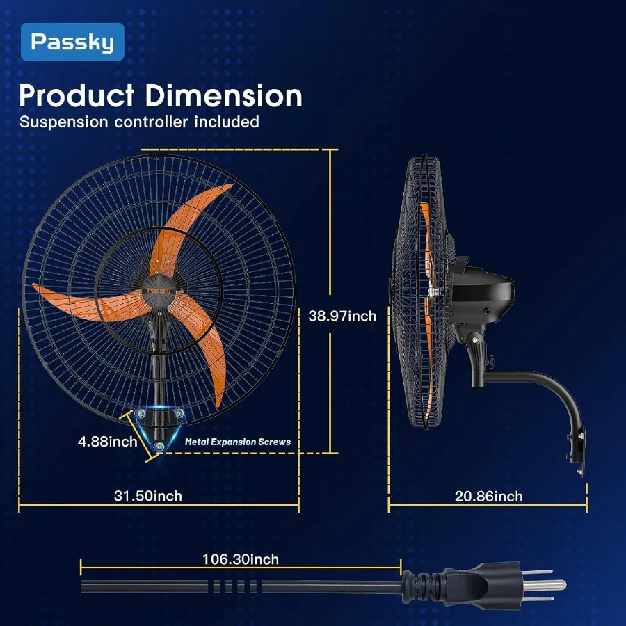مروحة تثبيت على الحائط صناعية 24 بوصة مع جهاز تحكم عن بعد محرك EC 3 شفرات سمك القرش توربو 8 سرعات 9000 CFM مؤقت عالي السرعة ETL L #2