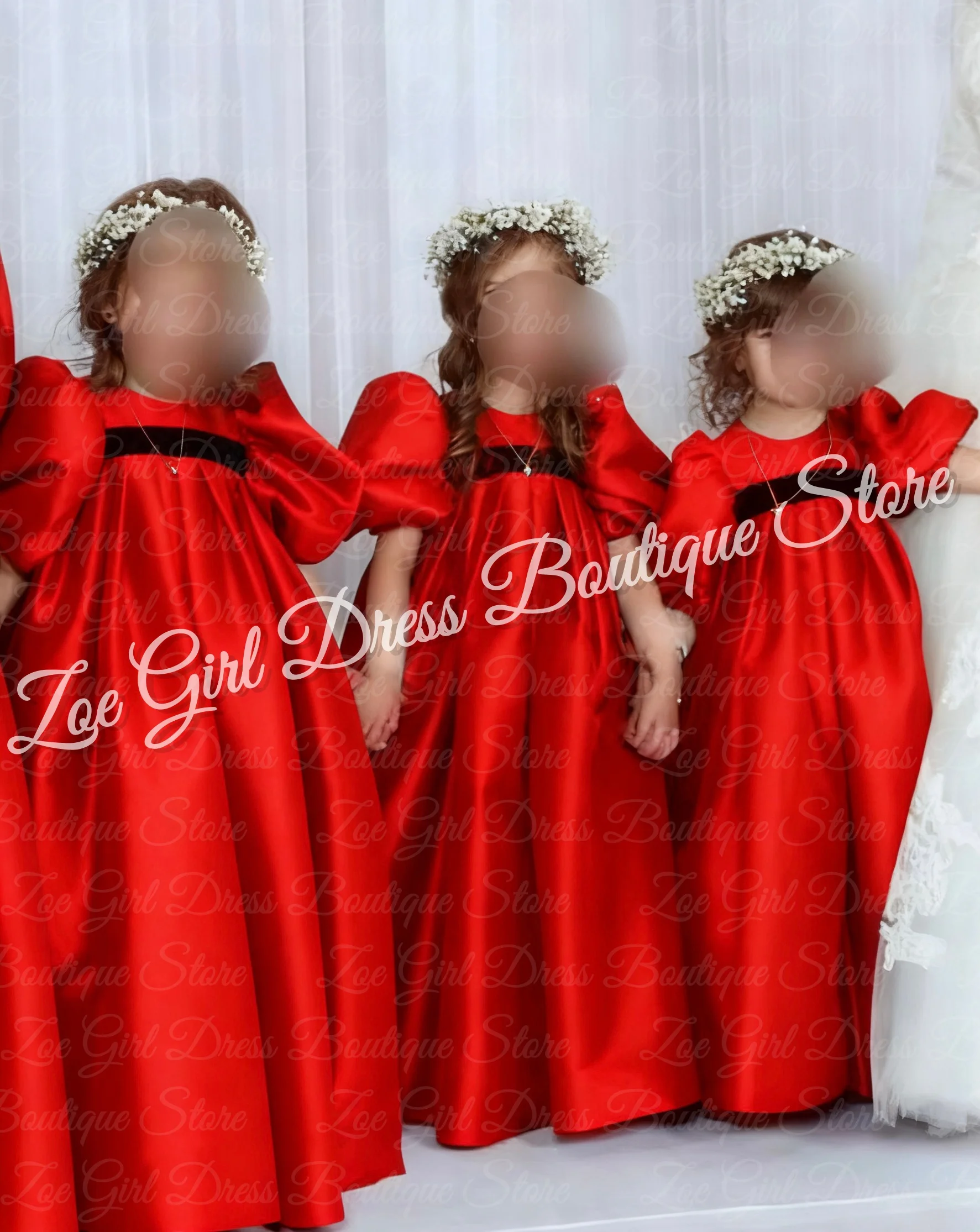 فستان فتاة الزهور البيضاء لحفلات الزفاف برقبة دائرية من الساتان للأطفال بخصر عالٍ وأكمام بالونية فستان عيد الميلاد مخصص للحفلات