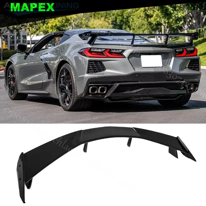 For 20-23 Corvette C8 GM CARBON FIBER LOOK Bright black Rear Trunk Lid High Wing Spoiler Car Tailgate Flap Trim ABS Accessories