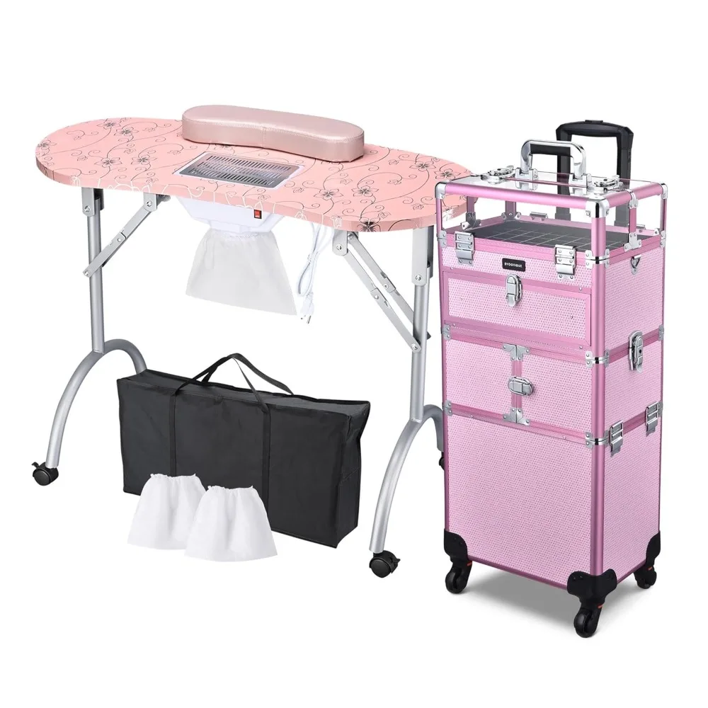 2in1 Nail Polish Organizer Rolling Makeup Train Case Manicure Cosmetic Trolley Travel Nail Case with Clear Lid Extendable Trays