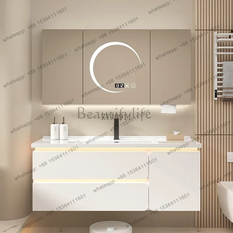 Multi-functional mirror cabinet induction light solid wood bathroom cabinet combination washbasin