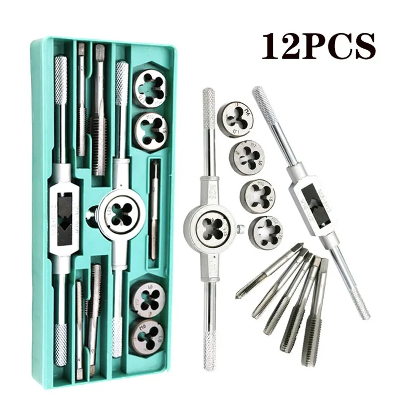 HSS Tap Plate Thread Set 8PCS/12PCS Multi-Spec Round Metric Wrench Cutting M3 M12 Die Holder Booster Rod Stranded Kit Engineer