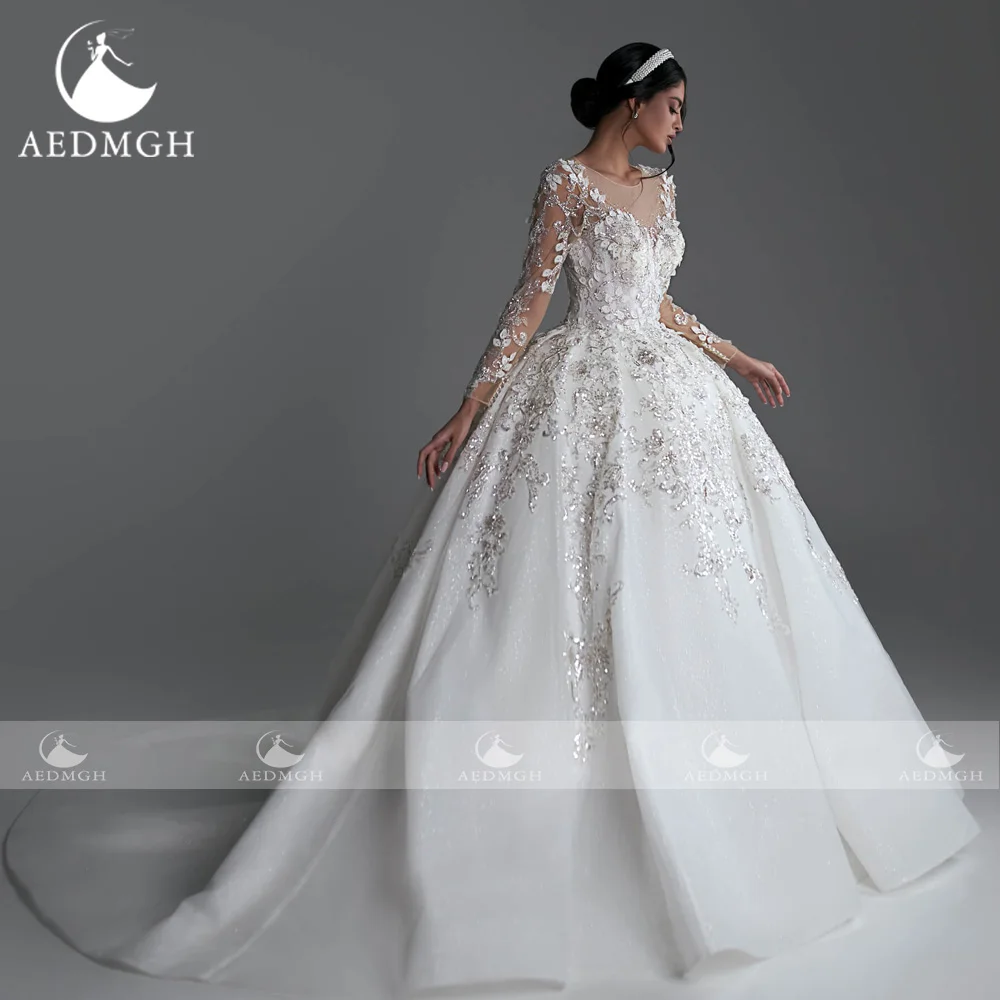 Aedmgh Luxury Princess Wedding Dresses 2024 O-Neck Long Sleeve Robe De Mariee Glitter Lace Beaded Ball Gown Vestido De Novia