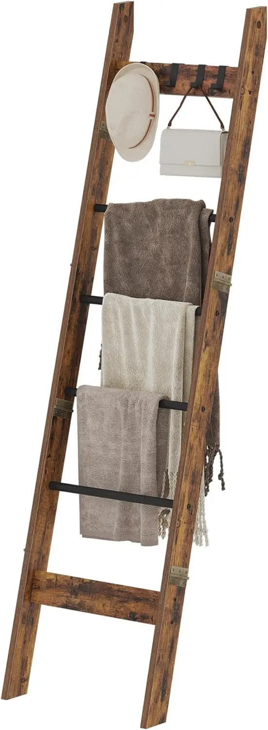 

Blanket Ladder Shelf for Living Room, Decorative Wood Quilt Rack with 4 Removable Hooks, 6-Tier Ladder Organizer for Bedroom