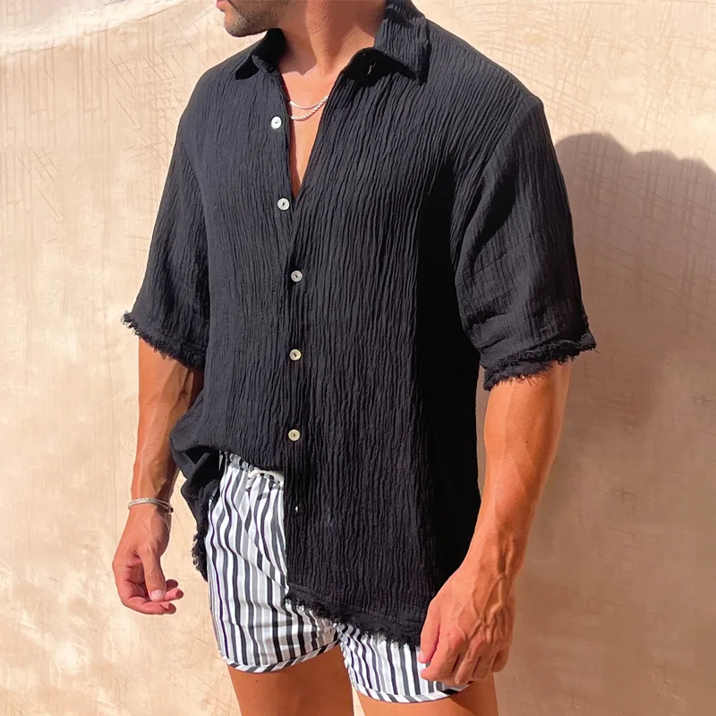New men's clothing in 2025, a cotton and linen short-sleeved shirt, a casual and loose-fitting T-shirt, trendy men's wear.