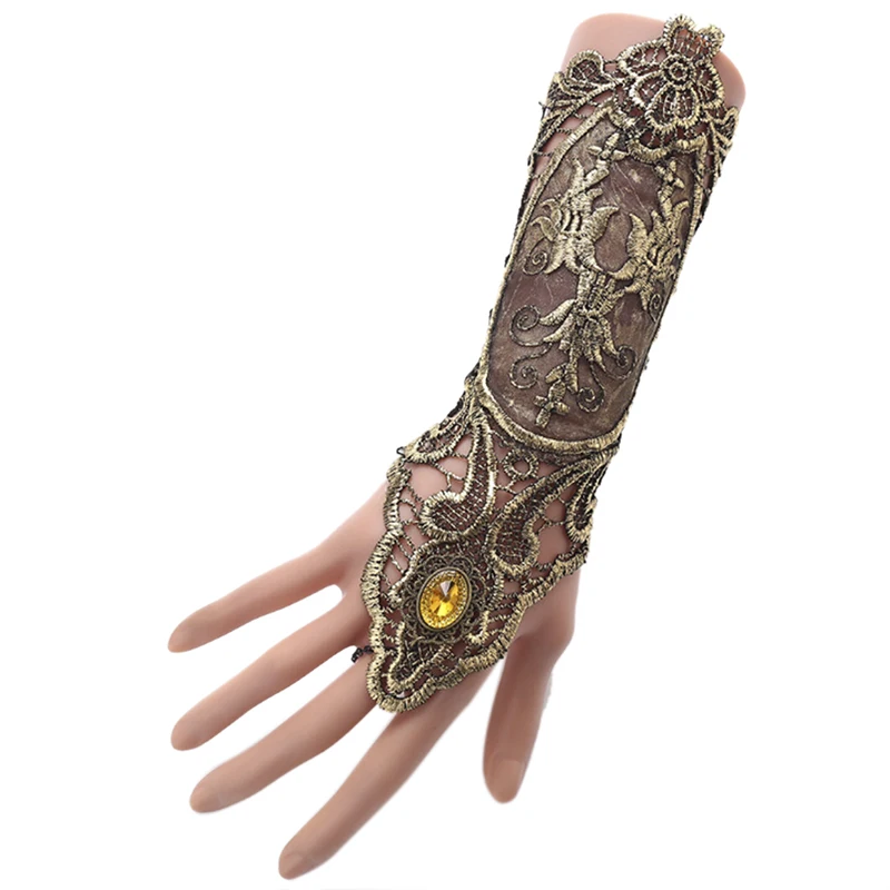 Black Gold Lace Arm Cuff Steampunk Gothic Fingerless Glove & Bracelet, Adjustable Fit for Raves, Costumes or Edgy Everyday Style