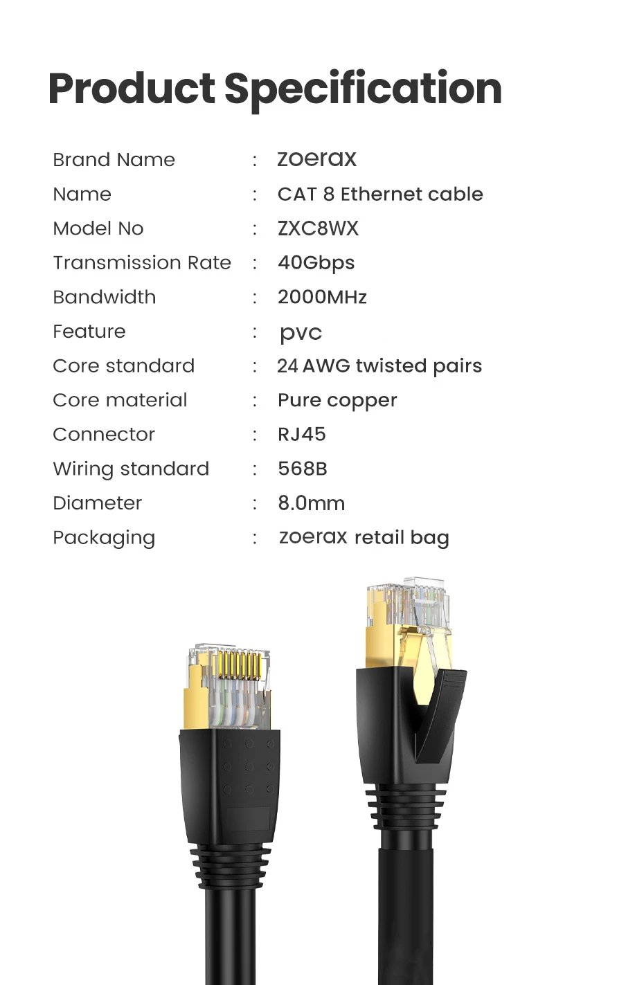 ZoeRax CAT8 Ethernet-Kabel 24AWG 40Gbps 2000Mhz Hochleistungs-Hochgeschwindigkeits-Gigabit-SFTP-LAN-Netzwerk-Internetkabel, für Außen- und Innenbereich – Detail 9