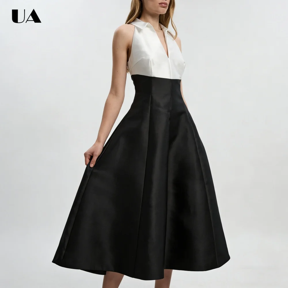 

ULBYANRY Customized A-line Turn-down Neck Midi Dress, Elegant Satin Patchwork Evening Dress, Fashionable Sleeveless Party Dress