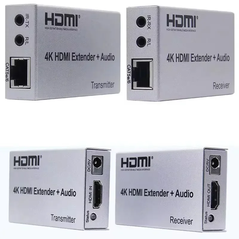 4K 100M HDMI Extender with Audio via Cat5e CAT6 RJ45 Ethernet Cable Video Transmitter and Receiver Converter for Camera PC to TV