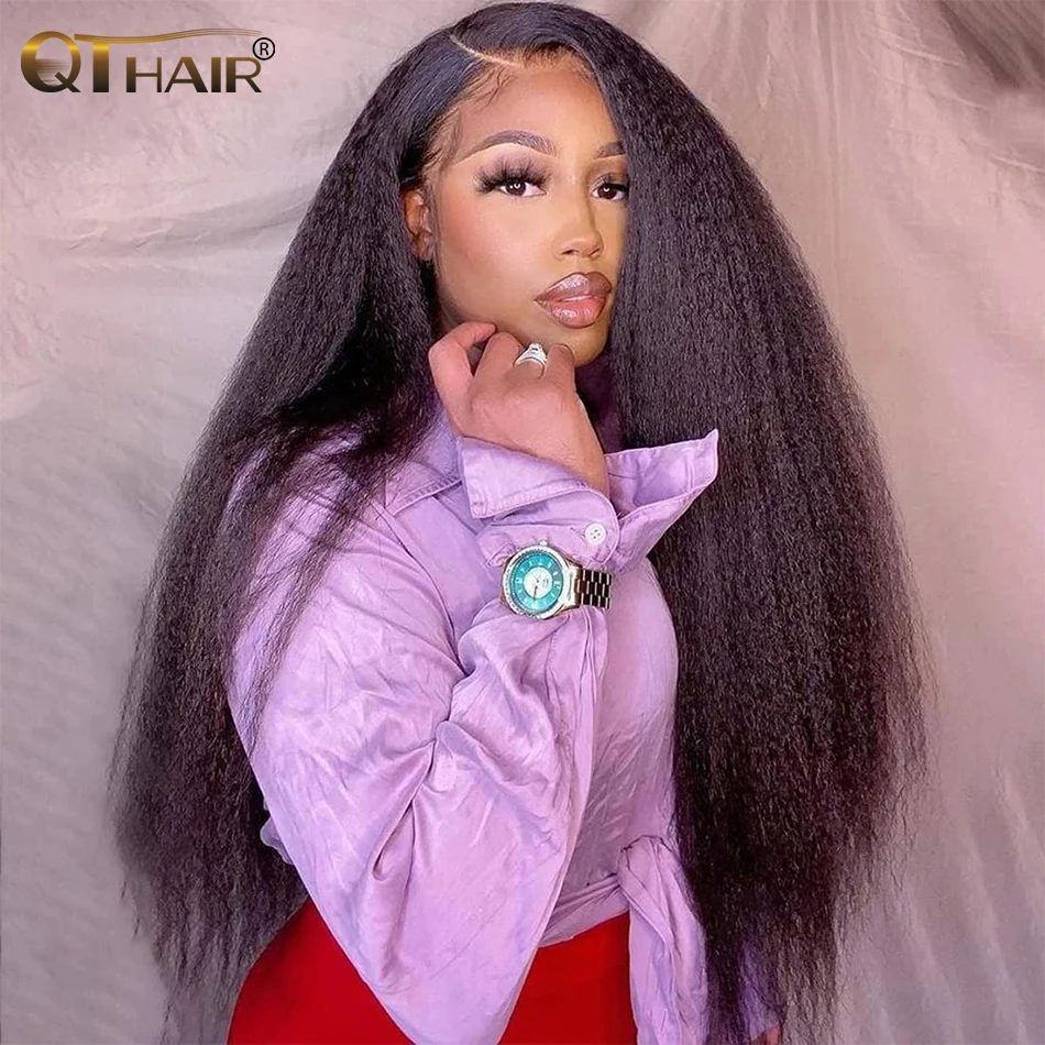 QT Italian Yaki Lace Front Wigs Human Hair 13x4 Kinky Straight Lace Front Wigs for Black Women Transparent Lace Frontal Wig 180%