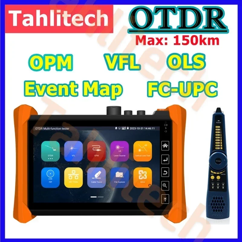 

OTDR Tester Fiber Optic Reflectometer 1310/1550/1610nm 28/26/24dB Touch Screen VFL OLS OPM Event Map Ethernet Cable Tester