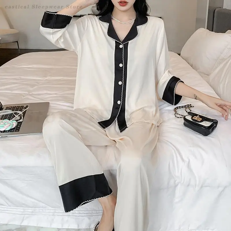 

Female 2Pcs Pajamas Set Loose Casual Ice Silk Sleepwear Trouser Suits Lounge Wear Spring Summer New Nightwear Loose Homewear
