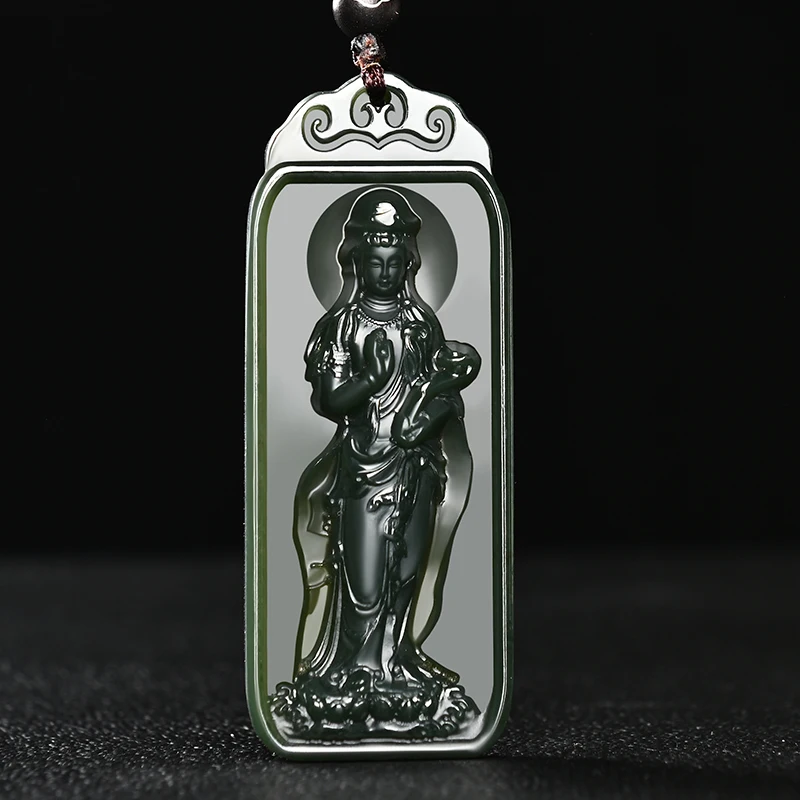 

Hetian Jade Guanyin Bodhisattva Jade Pendant Xinjiang Sapphire Men's Necklace Station Guanyin