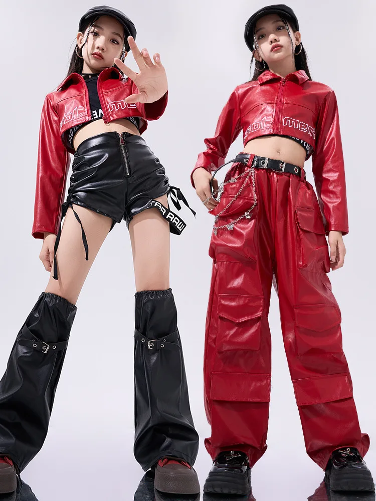 Girls Hip Hop Street Clothing Red Leather Tops Pants for Kids Streetwear Costume Jazz Dance Clothes