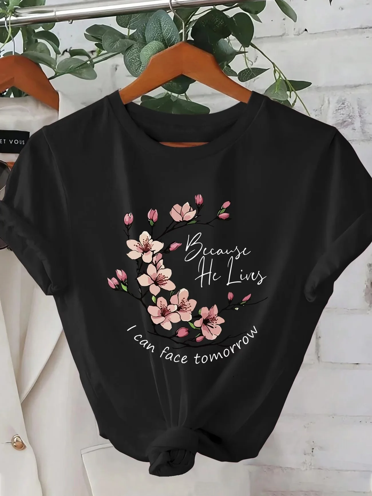 Christian T Shirt Women Because He Lives I Can Face Tomorrow Letter Floral Graphic Tee Summer Short Sleeve Casual Religious Tops