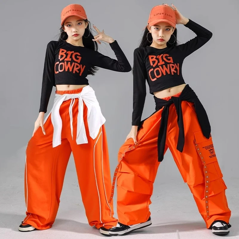 

Новая одежда для бальных джазовых танцев, топы с длинными рукавами для девочек, оранжевые брюки, одежда для тренировок в стиле хип-хоп, одежда для уличных танцев, BL14482