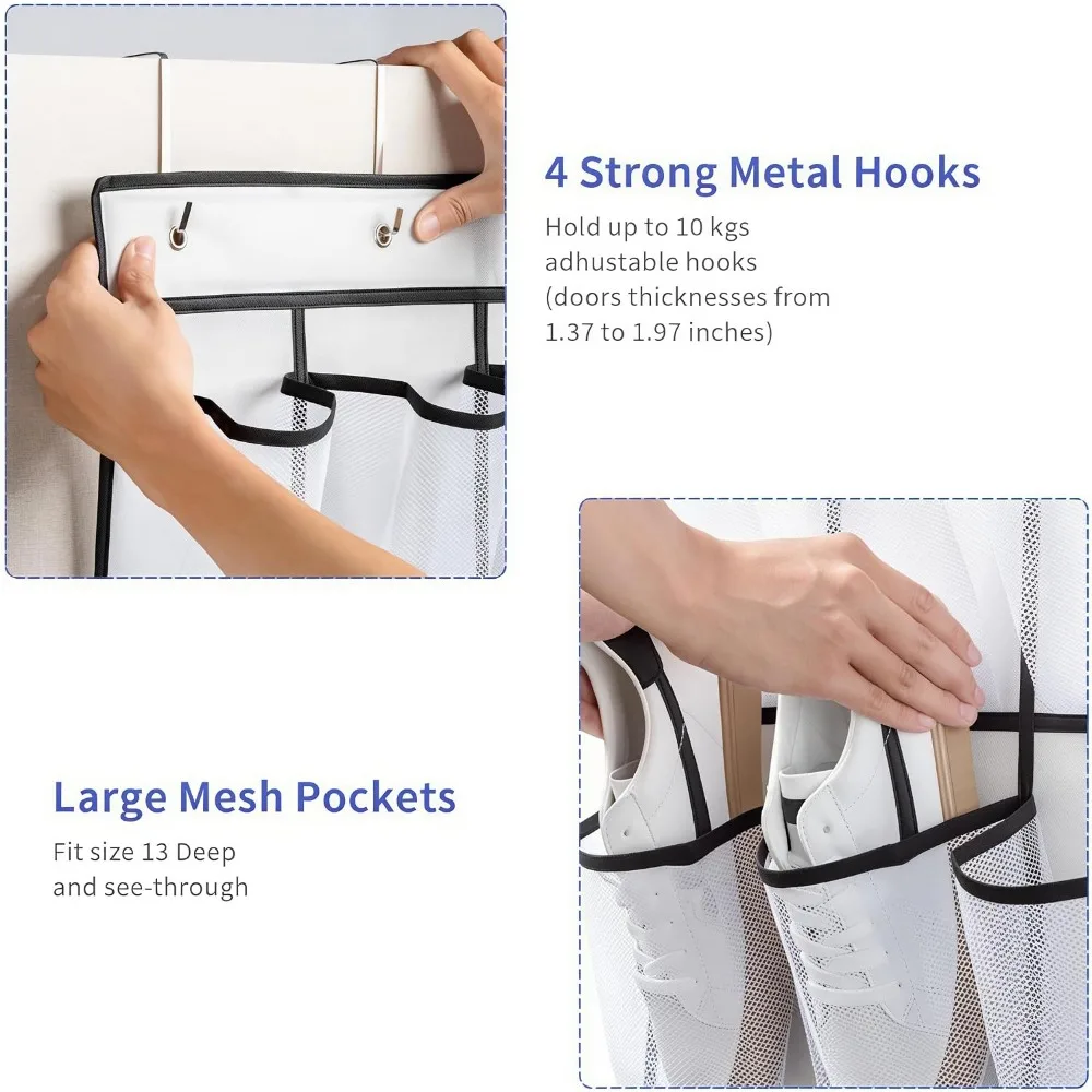 35 Pockets Over Door Shoe Organizer, Hanging Storage with Mesh Pockets, Large Capacity, 4 Metal Hooks, White view 4