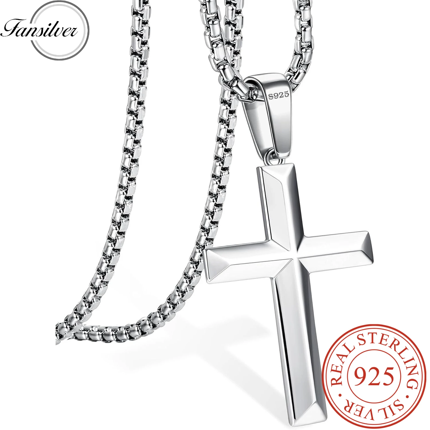 Fansilver 925 Sterling Silver Cross Necklace for Women Men Stainless Steel Chains Beveled Edge Cross Pendant Necklace Jewelry