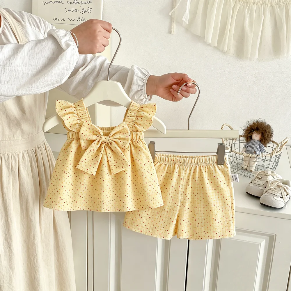 2pc/Set Girls' Set Summer Wave Point Bow Top Shorts Baby Girls' Clothing Cute Beach Baby Dress