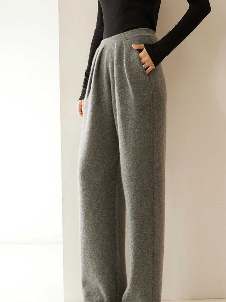 High Quality Women 100% Cashmere Pants Pleated Waist Wide Leg Pants Casual Simple Style Autumn Winter Cashmere Knit Trousers