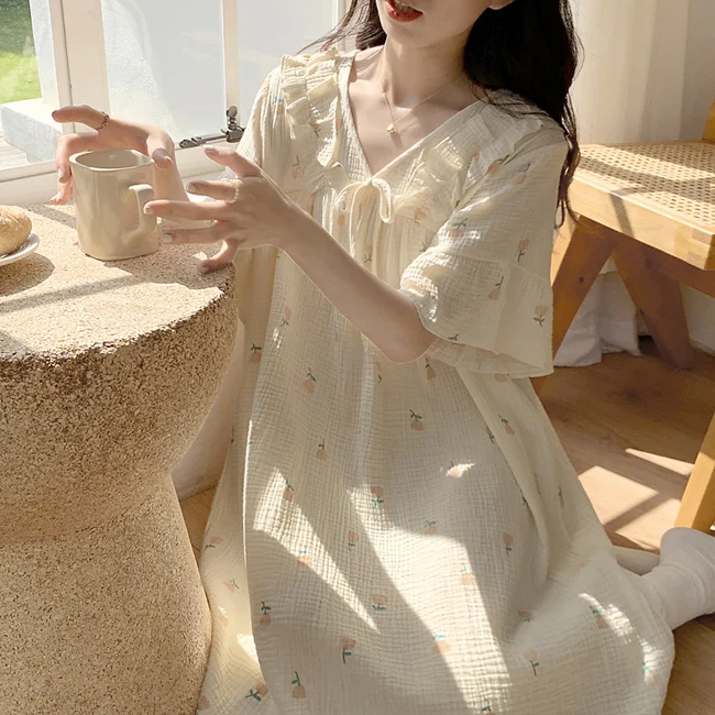 Floral Women Nightgown Sleepwear Ruffles Short Sleeve Night Dress Summer Night Wear Korean V-neck Sleeping One Piece Pajamas New