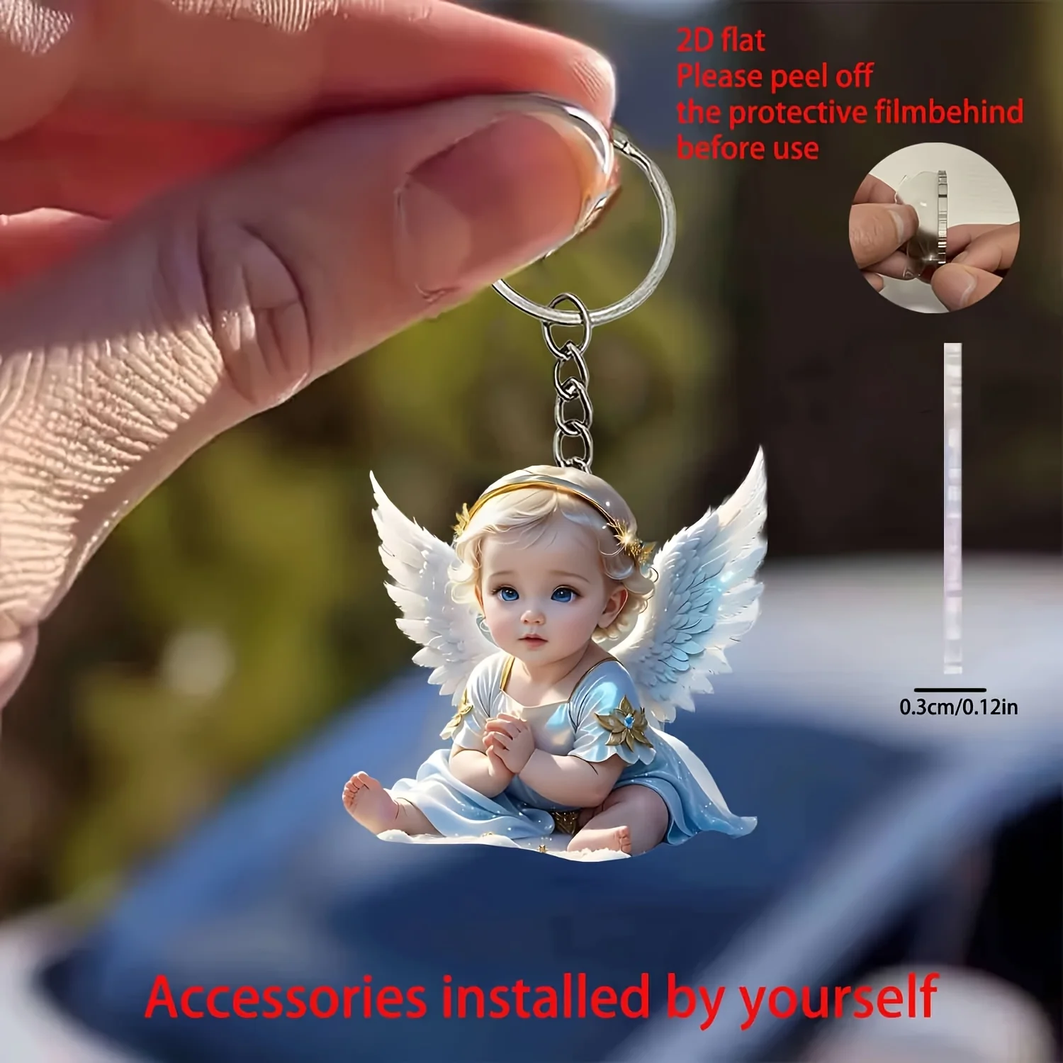 5Sets Creative Angel Keychain Including Acrylic 2D Pendants & Thank You Cards & Organza Bags Easter Themed Holiday Decorations