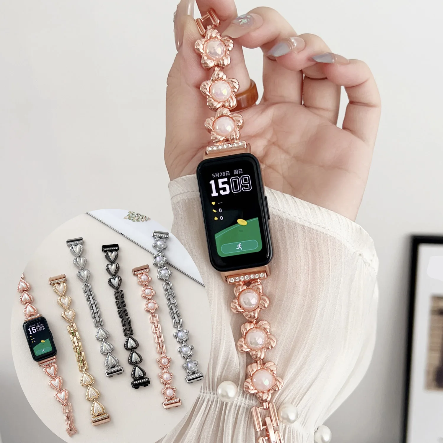 

Браслет для часов Huawei Band 8 Женский, Роскошный Металлический сменный ремешок с цветком, сердцем, жемчугом
