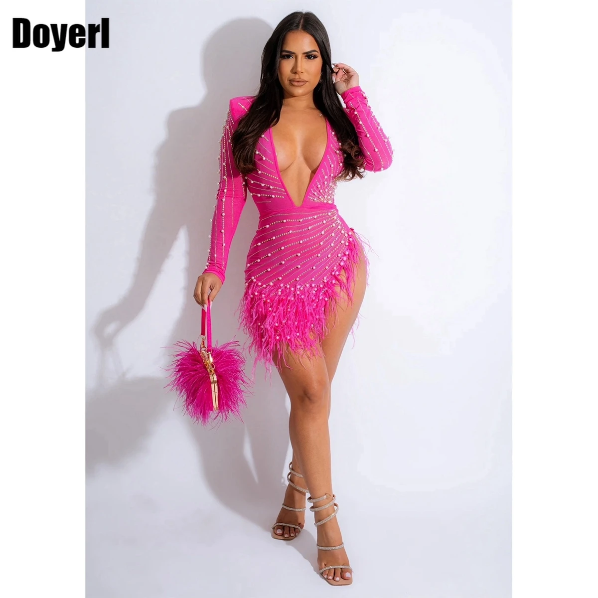 Sexy Strass Kristall Geburtstag sehen durch kurzes Kleid Frauen Luxus schiere Mesh Perlen Feder Party Bodycon Mini kleid Abschluss ball