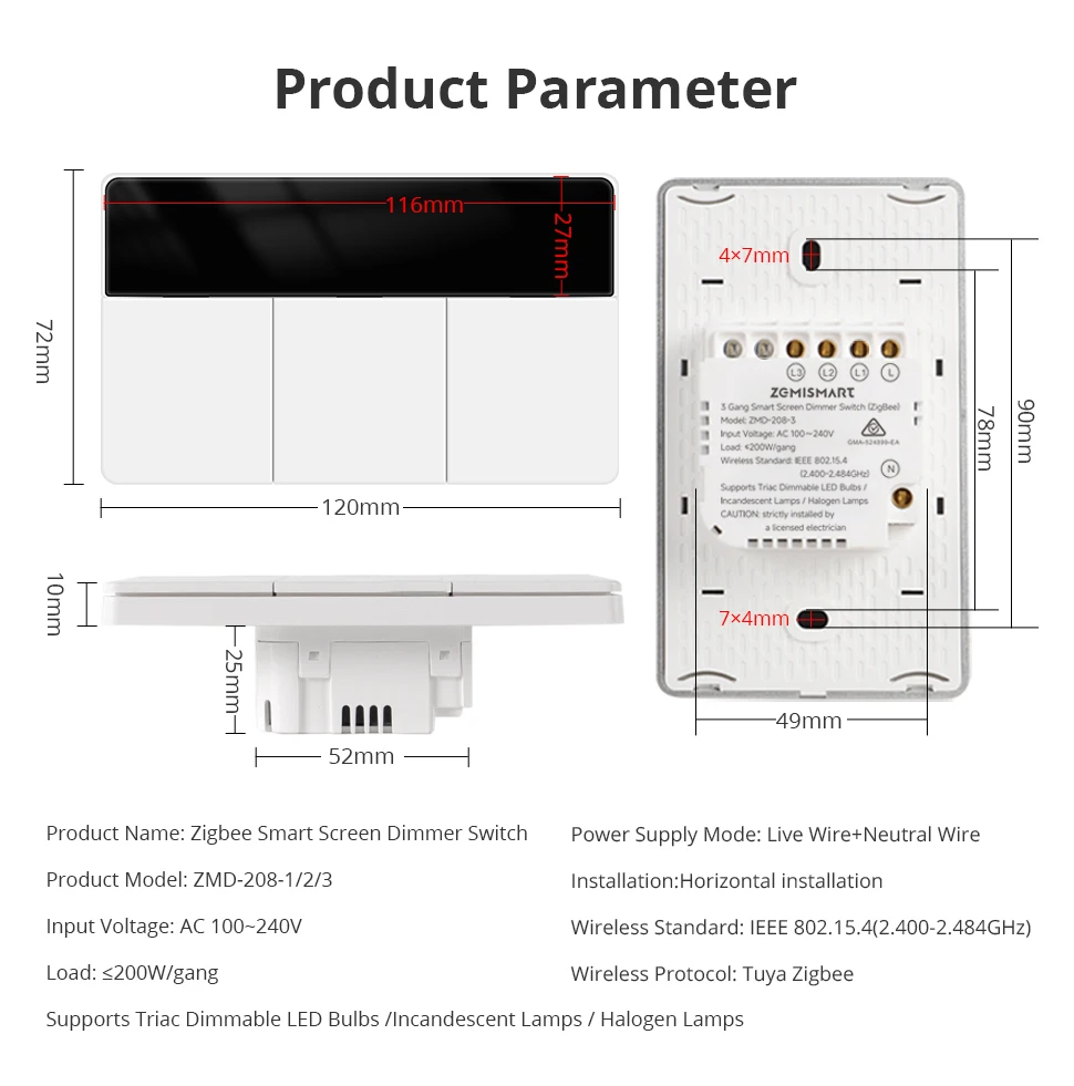 Zemismart Zigbee Smart Dimmer-Schalter mit benutzerdefinierbarem Namensbildschirm und horizontaler Drucktaste, kompatibel mit Tuya und Google Home über M6 Hub – Detail 16