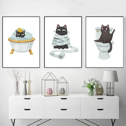 Illustration Funny Cute Black Cat On Toilet Posters Canvas Painting Cats Lover Wall Art Pictures Prints For Bathroom Home Decor