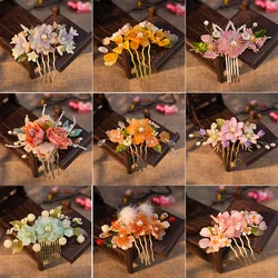 Vintage Floral Hair Comb Tang Dynasty Hairpin For Women Pearl Alloy Tiara Chinese Wedding Hanfu Hair Accessories Classic Jewelry