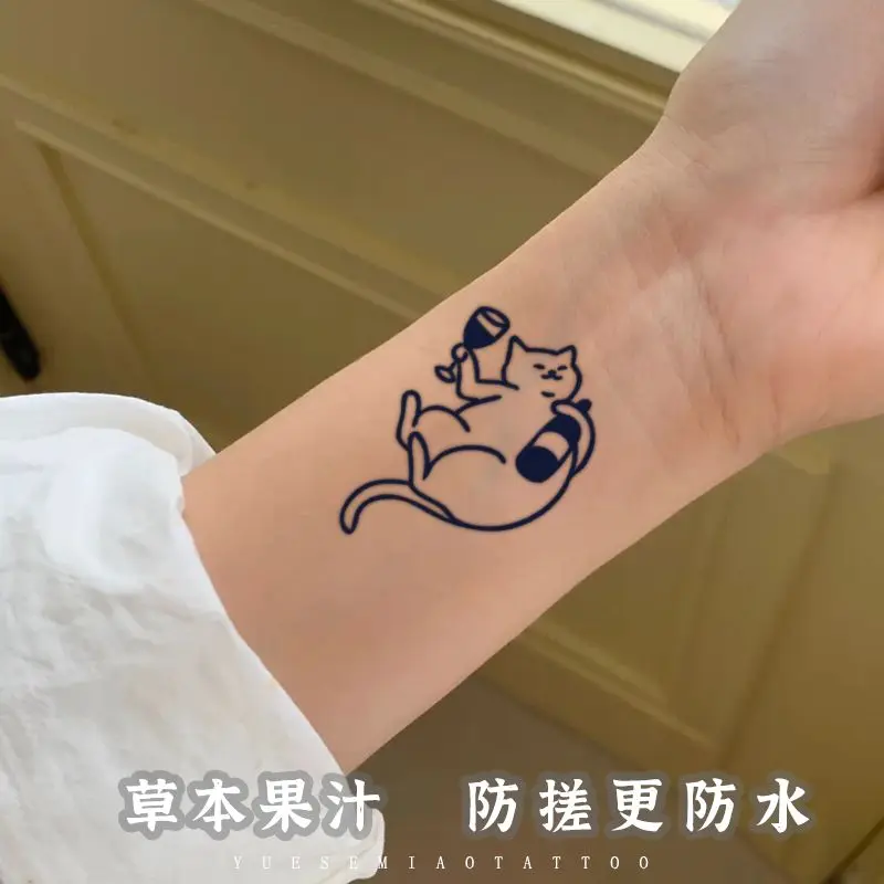 Herbal Tattoos Temporary Waterproof Tattoo for Women Cartoon Alcoholic Cat Tattoo Cheap Goods Cute Art Fake Tattoo Stickers