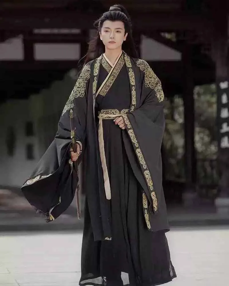 Unisex Hanfu ชายจีนแบบดั้งเดิมเย็บปักถักร้อย Black & White Hanfu Tang ชุดเสื้อ + กระโปรง + เสื้อคอสเพลย์เครื่องแต่งกาย PLUS ขนาด 2XL