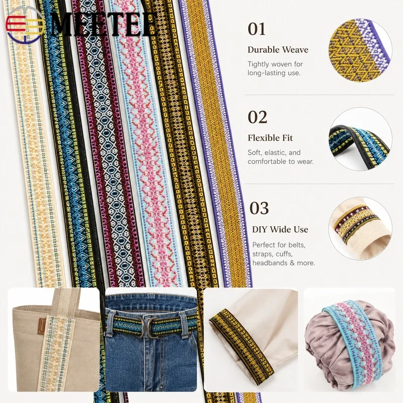 2/5M 50mm Ethnic Elastic Webbing Jacquard Polyester Tape for Girdle Sleeve Handbag Strap Footwear Headband Craft Sewing DIY Trim