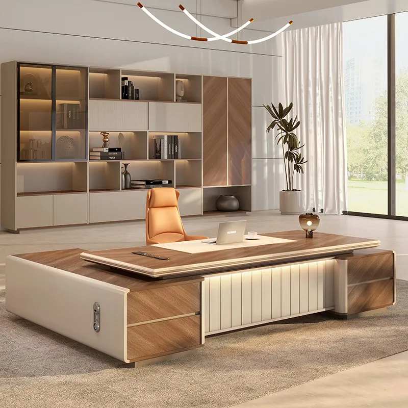 Luxury L‑Shape Executive Boss Desk Two‑Tone Wood Soft Panel Surface Large Office Table with Side Cabinet for CEO Director Office