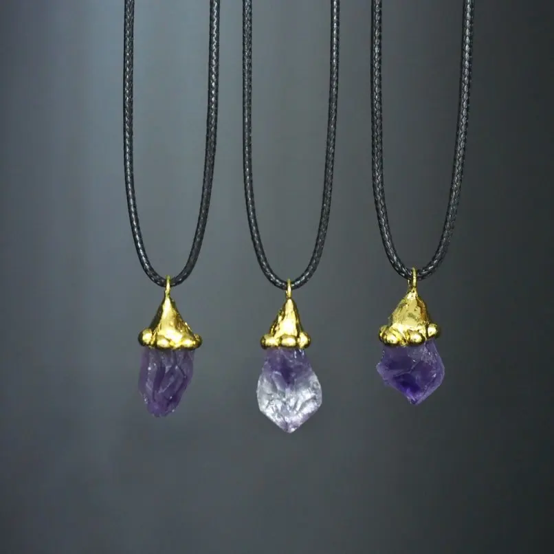 1Pcs Amethyst Leather Rope Free Form Crystal Pillar Point Necklace Soldered Handmade Gold Color  20inch Jewelry