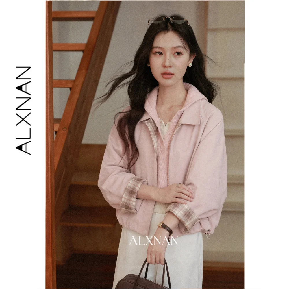 ALXNAN Women's Pink Plaid Contrast Trim Jacket Lapel Collar Short Coat Loose Fit Casual Commuter Minimalist Autumn 2026 L685108A
