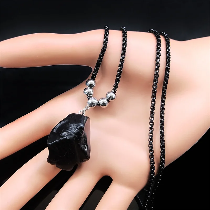 Boho Obsidian Naturstein Perle Glück Halskette Anhänger Frauen Edelstahl Schwarz Farbe Kette Halskette Mode Schmuck NGG47-1 – Detail 8