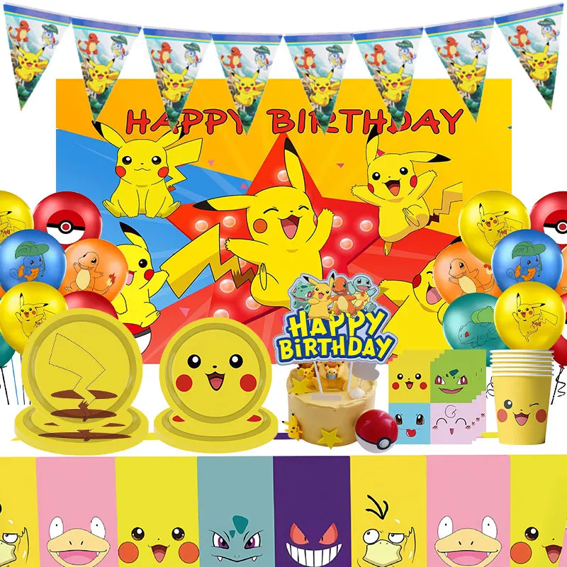 Pokemon decoração fontes de festa de aniversário pikachu balões kit prato guardanapo banner pano de fundo para crianças festa chá de bebê suprimentos