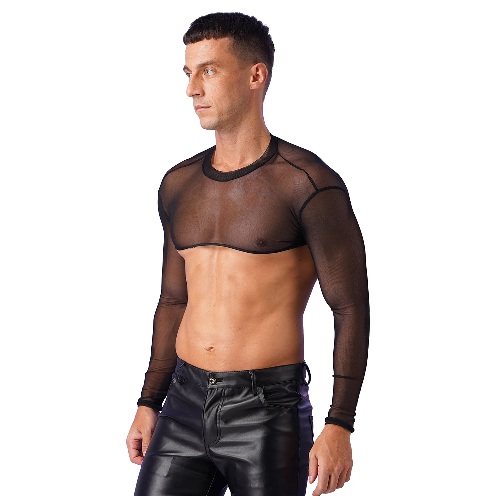 Mens Mesh Crop Tops See-through Mock Neck Long Sleeve T-shirt Tanks Cover Ups Beachwear Clubwear Pole Dancing Stage Performance