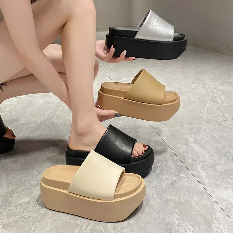 Summer Women Slippers Ladies Beach Flip-Flops Chunky Leather Shoes Wedges Heels Outside Sandals Woman High Platform Slippers 8CM