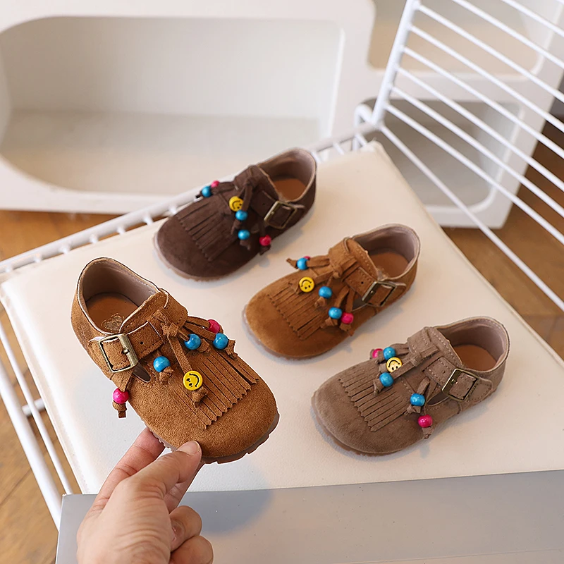 Girls' Fashion Suede Beaded Flat Shoes 2026 Spring and Autumn Tassels Design Children's Casual and Comfortable Leather Shoes
