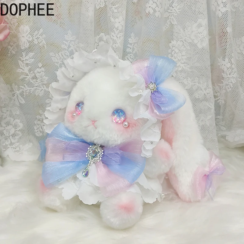Original Handmade Lolita Doll Rabbit Bags Cute Diamonds Mesh Bow Puffy Pearl Chain Crossbody Bag Sweet Princess Backpack Women
